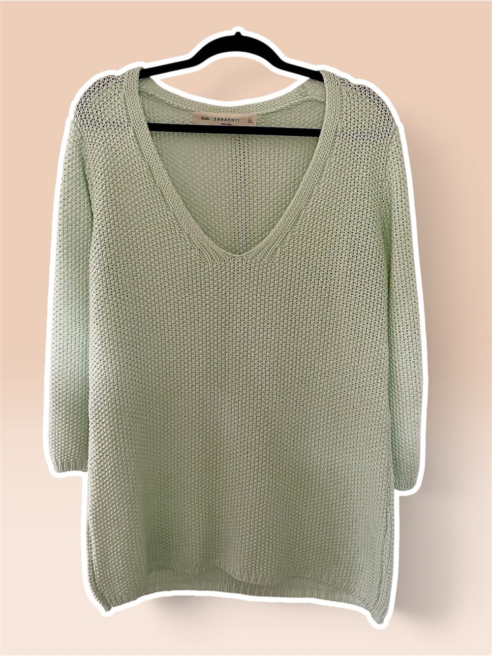 Zara Knit Mint Green Open Knit Slouchy V Neck Sweater Tunic L